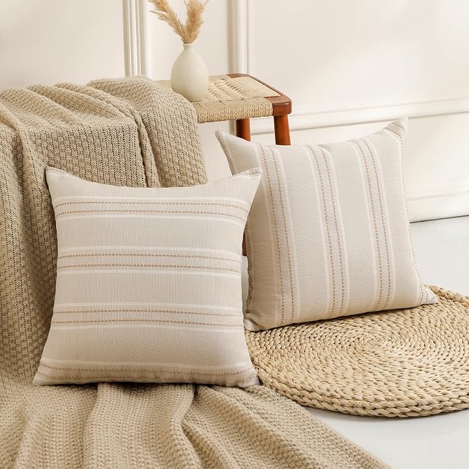 Hckot Hand Made Decorative Khaki Pillow Covers 18x18 Striped Throw Pillows Textured Linen Pillow Covers Farmhouse Decor Cushion Covers for Couch Bed Living Room, Khaki