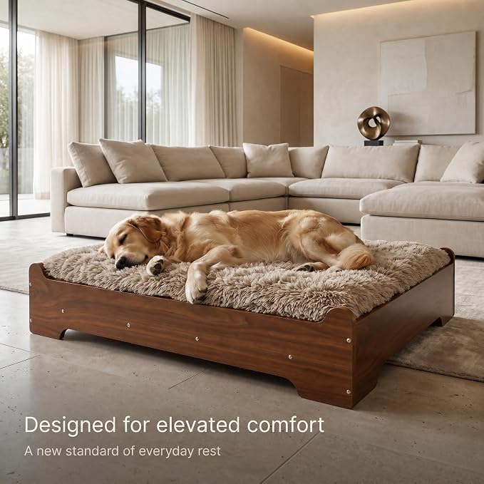 Elevated Wood Dog Bed Frame with Foam Mattress, WalnutPattern, L | Raised Dog Bed with Washable Cover, Furniture-Style Design for Indoor Living