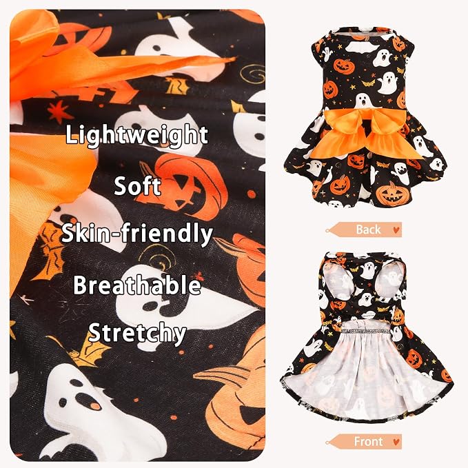 PUPTECK Print Dog Halloween Dress Pet Costumes Apparel with Cute Bowtie Puppy Clothes Outfit, Ghost, M