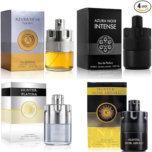 A CENTER Men's Fragrance Collection 4pcs 3.4 Fl Oz Set IncludeHunter Noir, Hunter Platina, Azura Noir Intense&Azura Scents Eau de Toilette Gift