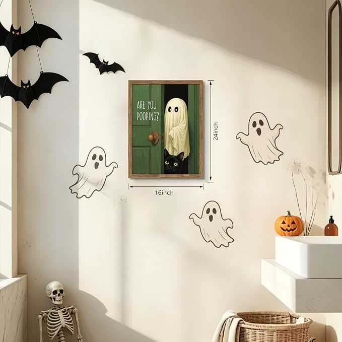 Funny Halloween Bathroom Wall Art, Vintage Cute Ghost Cat Canvas Wall Decor Paintings, Funny Are You Pooping Artwork Poster Print Picture for Bathroom Restroom 16x24 Inch Framed