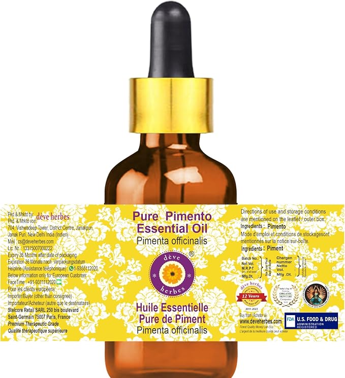 Deve Herbes Pure Pimento Essential Oil (Pimenta officinalis) with Glass Dropper Steam Distilled 5ml (0.16 oz)