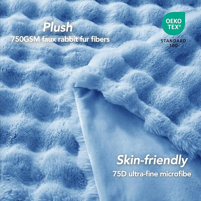L'AGRATY Faux Rabbit Fur Throw Blanket for Couch, 50'' x 60'', Airy Blue | Soft Cozy Bubble Fluffy Blanket for Sofa Bed, Thick Warm Plush Fuzzy Throw for Room Home Decor, Luxury Gift for Women Mom