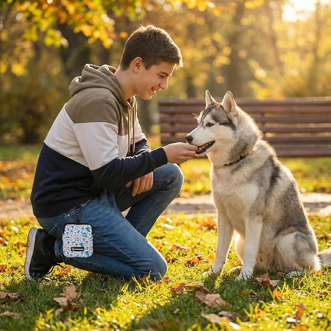 Dog Treat Pouch with Training Clicker,Waterproof Nylon Fabric Poop Bag Holders for Leashes,Hands Free Small Dog Walking Bag with Carabiner, Pet Puppy Training Walking Essentials (Dinosaur)