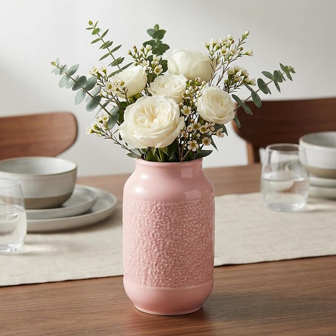 Pink Ceramic Vase, 9 Inch Cute Flower Vase for Pampas Grass, Modern Decorative Vases for Living Room, Minimalist Decor, Kitchen, Bedroom, Office, Bathroom, Wedding Decor
