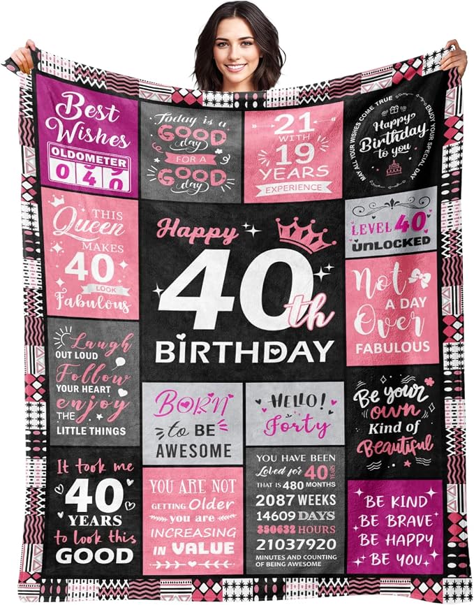 Sruemiul 40th Birthday Gifts Women, Happy 40th Birthday Blanket 50" x 60" | 40th Birthday Decorations for Women, 40 Year Old Birthday Gifts for Women, 1986 40Th Birthday Gift for Her, Daughter, Friend