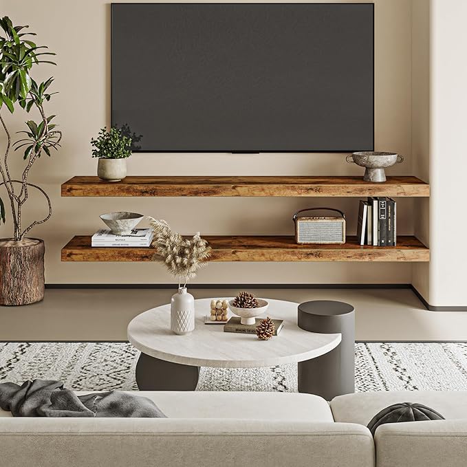 Fixwal Floating Wall Shelves for Decor (Rustic Brown, Set of 2, 47.2Inch) | MDF Shelf with Metal Brackets, Space Saving for Books , Decor, Fits Bathroom, Kitchen, Bedroom, or Office