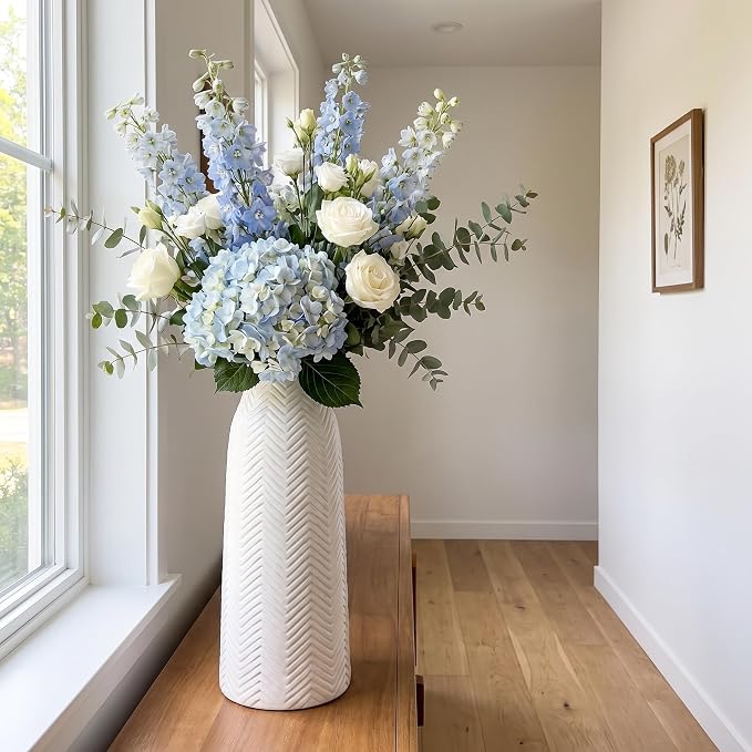 hjn Large White Vase for Flowers Ceramic Vase for Home Decor Tall Vases for Your Floor/Kitchen/Office/Living Room/Table- White Texture(Large)