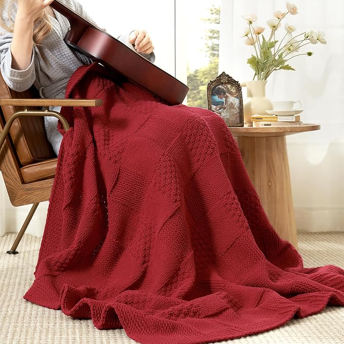 Knit Throw Blanket, Soft Chenille Cozy Breathable Checkered Chunky Decorative Blanket for Couch, Bed & Sofa, French-Inspired Lightweight Warm Gift for Women, Christmas Red, 50"x60"