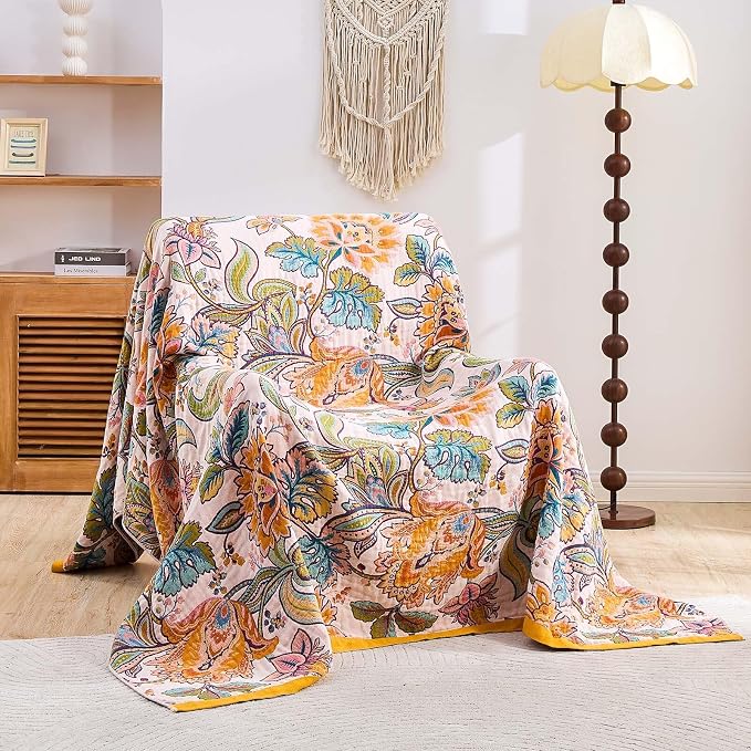 XIBLC Boho Throw Blanket for Bed, 100% Cotton Soft Rustic Quilt Fall Blanket, 90"x98" Floral Printed Farmhouse Decor Bed Blankets, All Season Rustic Reversible Bohemian Throw Quilt