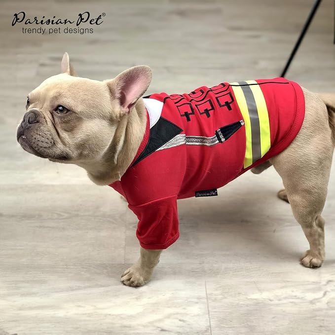 Parisian Pet Dog Costume - 100% Cotton Firefighter Dog Clothes for Large Dogs - Lightweight Puppy Outfits - Funny French Bulldog Clothes - Sleeved Red Shirt for Dogs - Stretchy Pet Costume