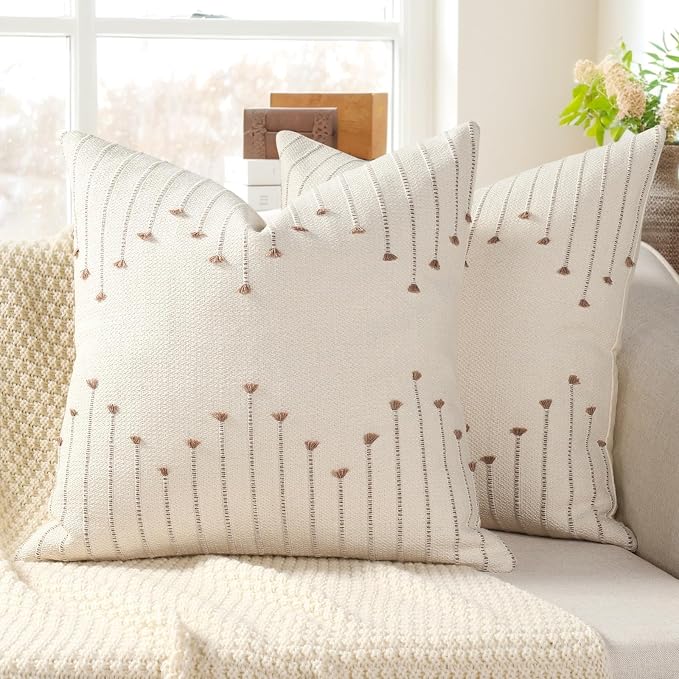 YCOLL Boho Outdoor Throw Pillow Covers 24x24 Set of 2 Neutral Woven Decorative Pillowcases Cotton Tufted Couch Pillows Modern Farmhouse Cushion Covers for Sofa Couch Bed Living Room Home Decor, Khaki