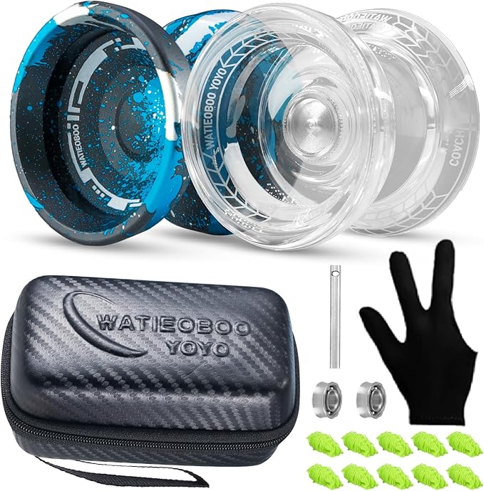 WATIEOBOO yoyo 2-Piece Set - P02 Crystal yo-yo and M18 Black Blue Silver Camouflage Yo-yo, Suitable for Beginners and Professional Yoyo Stunt Players, Adult Yo-Yo and Beginner Yo-Yo