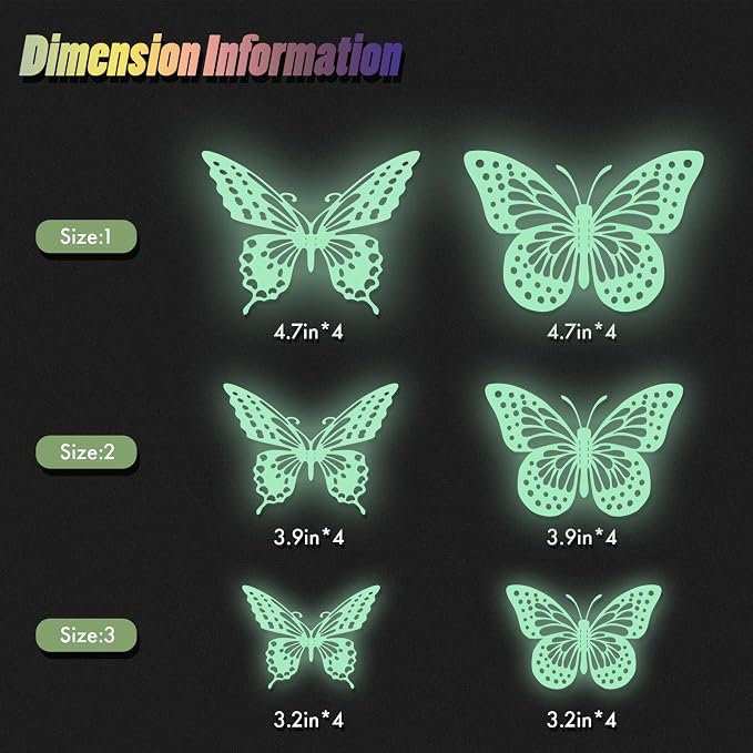 SAOROPEB Glow in The Dark 3D Butterfly 24 Pcs 3 Sizes, Luminous Butterfly Stickers for Ceiling or Wall, Glow in The Dark Party Supplies, Removable Luminous Stickers for Kids Babys Nursery (Green) | 3 Sizes, Luminous Butterfly Stickers for Ceiling Wall,...