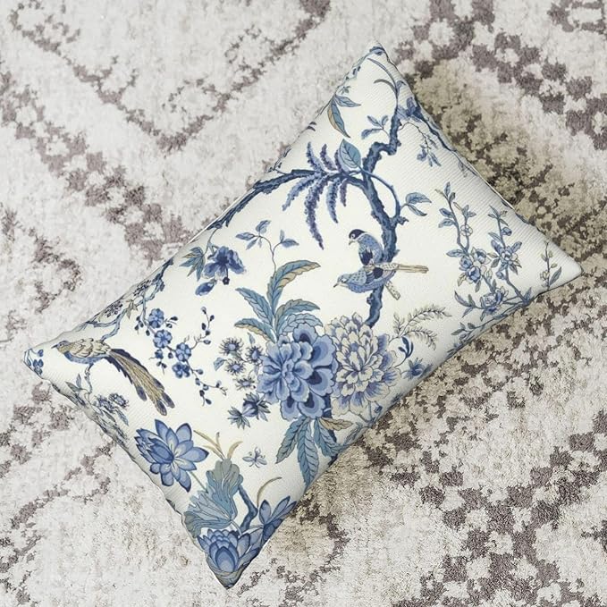 Chinoiserie Floral Bird Pillow Covers 12x20 Set of 2 Blue Chinoiserie Flowers Decorative Pillow Cases Outdoor Blue and Cream Throw Pillows Farmhouse Linen Cushion Cases for Couch Home Decor