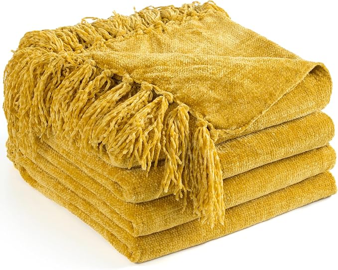 Chenille Throw Blanket for Couch 50" x 60", Yellow | Soft Cozy Warm Throws with Fringe Tassel, for Living Room Bed Sofa Chair Cover, Lightweight Knitted Decorative Boho Blankets