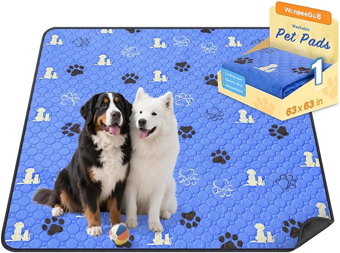 WanpeeGoo Washable Pee Pads for Dogs, Waterproof, 63 x 63 in, 1 Pack, Blue | Super Absorbent, Waterproof and Non-Slip; Washable, Reusable Dog Pads for Crates, Playpens, Floors, Furniture and Travel