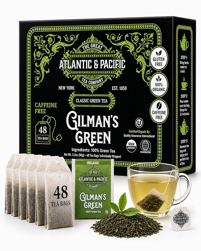 A&P Coffee Gilman’s Organic Green Tea Bags, 48 Count, Smooth Flavor Green Tea, Naturally Caffeinated, Rich in Antioxidants, Fresh Aroma, Premium Green Tea, Hot or Iced Tea
