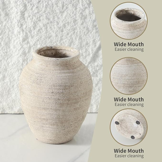 Ceramic Flower Vase - 7.4 Inch Farmhouse Rustic Vase for Home Decor Handcrafted Pottery Vase Small Terracotta Vases for Dining Table Decor Fireplace Living Room Bathroom Wedding Centerpiece