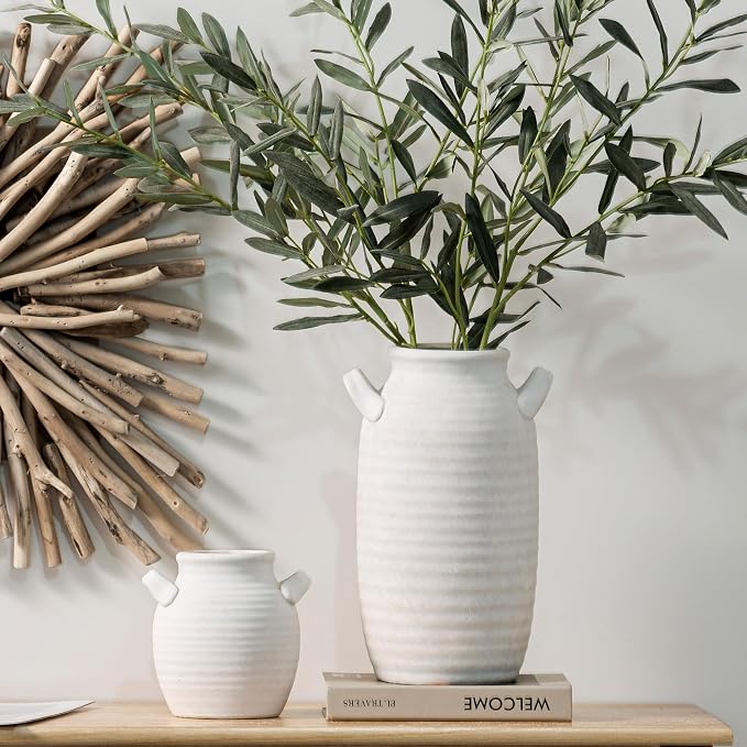 Large Flower Vase Home Decor - Tall Ceramic Farmhouse Table Vases with Handle Living Room Decoration Decorative Rustic Pottery for Floor Kitchen Shelf Coffee Dining Desk Fireplace (12" Rustic)