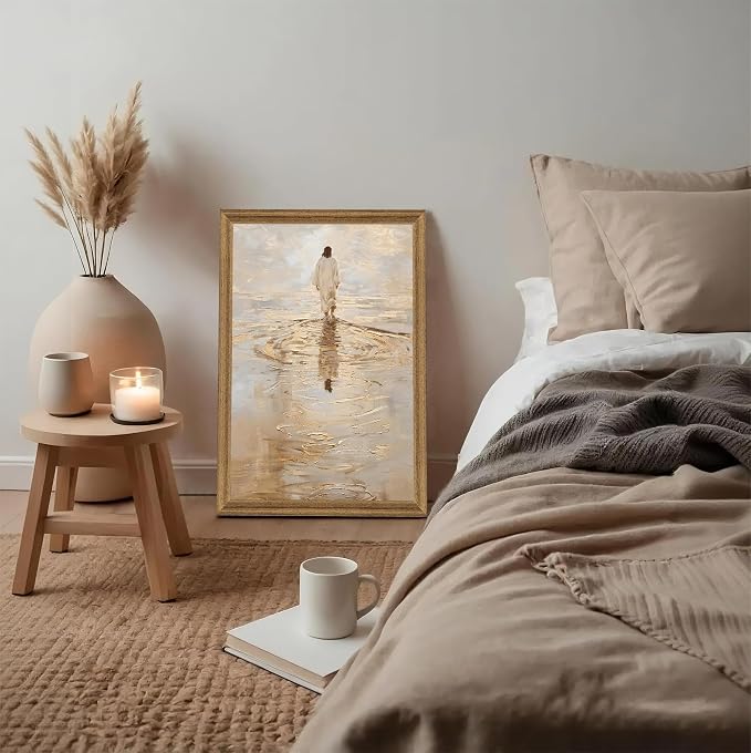 Fantasy Artists Christian Wall Art – Jesus Walking on Water Inspirational Painting, Warm Gold Faith Artwork for Home & Prayer Room, Religious Decor Symbolizing Hope, Trust & Divine Strength, 24W X 36H