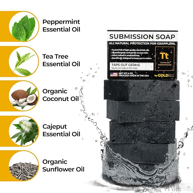 Premium Tea Tree Oil Soap - USA Made Bar Soap for BJJ, Jiu Jitsu, Wrestling, and Grappling (5-Pack of 4 Ounce Soap Bars, Activated Charcoal)