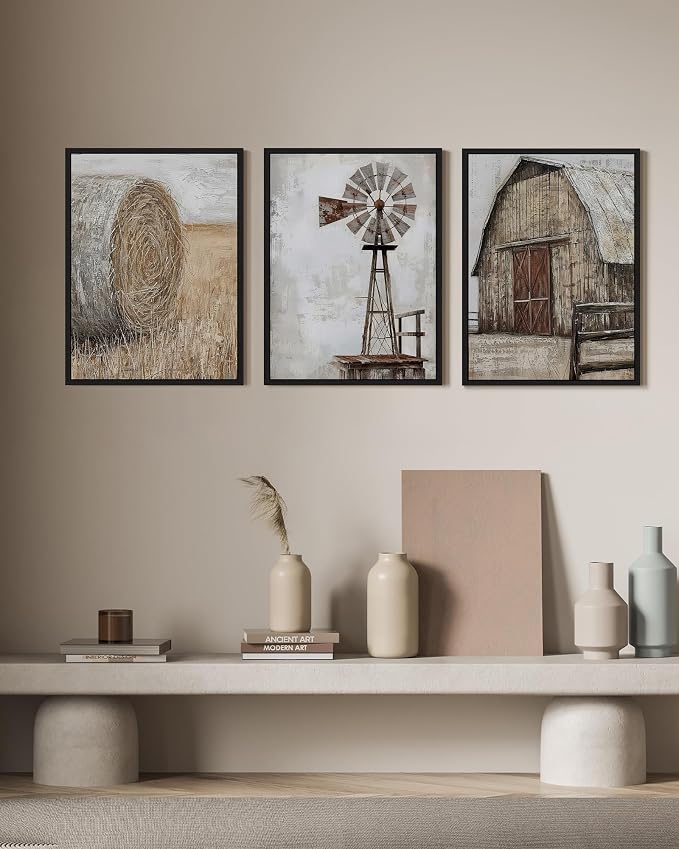 Drsoum Farmhouse Wall Art Vintage Rustic Windmill Barn Cornfield Pictures Framed Painting Landscape Countryside Rural Canvas Artwork Home Decor Ready to Hang 11x14in - Black Framed