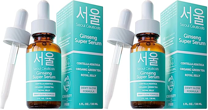 SeoulCeuticals Korean Skin Care Ginseng Serum - K Beauty Skincare with Green Tea + Centella + Royal Jelly - Cruelty Free & Organic for Dewy Glow 1oz (Pack of 2)