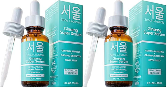 SeoulCeuticals Korean Skin Care Ginseng Serum - K Beauty Skincare with Green Tea + Centella + Royal Jelly - Cruelty Free & Organic for Dewy Glow 1oz (Pack of 2)