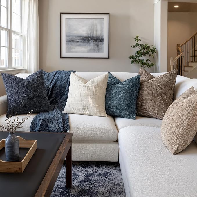 MIULEE Chenille Textured Throw Pillow Covers Navy Blue 18x18 Set of 2 | Slubby Decorative Pillows, Boho Farmhouse Coastal Decor, Modern Neutral Cushion Covers for Couch Sofa Bed Living Room