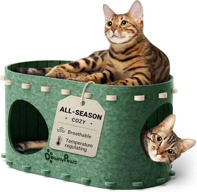 DownyPaws Cat House for Indoor Cats, Cube Castle Cat Bed Cave, Forest | Cat Hideaway Enclosed Bed,Cave Hideout Fort,Kitten Peekaboo Hut for Cats,Hide Box Bed for Large Cat Up to 22 Lbs