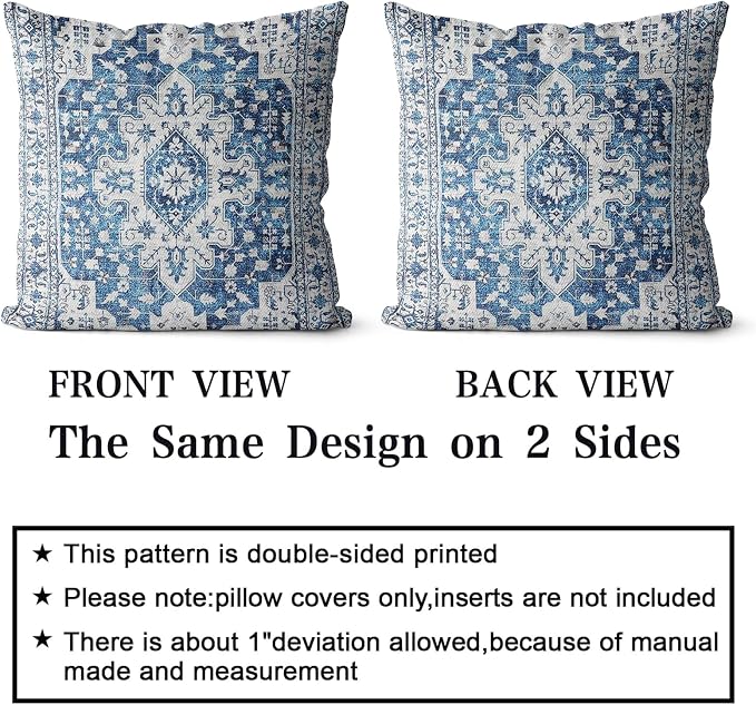 Snycler Boho Throw Pillow Covers 22x22 inch Set of 2 Blue Boho Rug Carpet Double Sided Pattern Cotton Soft Pillow Case Cushion Cover Pillowcase for Couch Sofa Bed Decorative