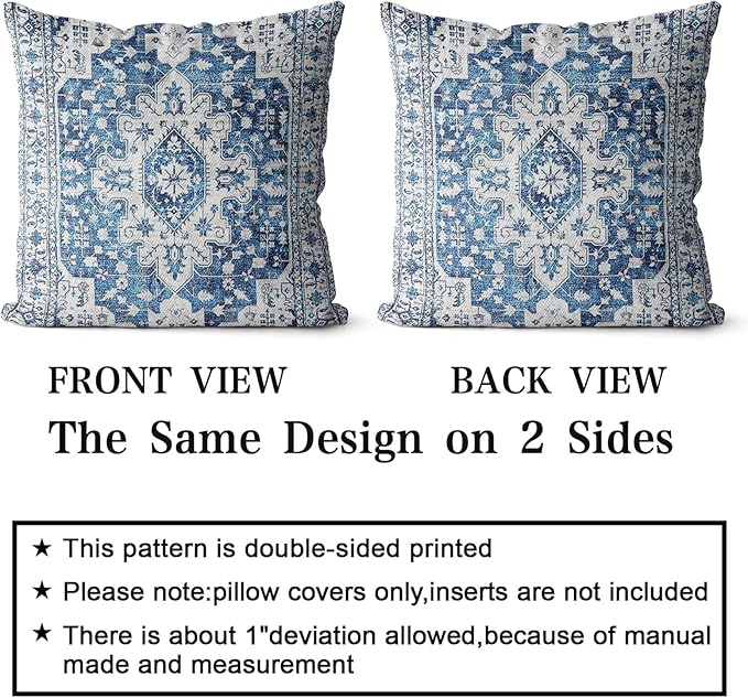 Snycler Boho Throw Pillow Covers 24x24 inch Set of 2 Blue Boho Rug Carpet Double Sided Pattern Cotton Soft Pillow Case Cushion Cover Pillowcase for Couch Sofa Bed Decorative