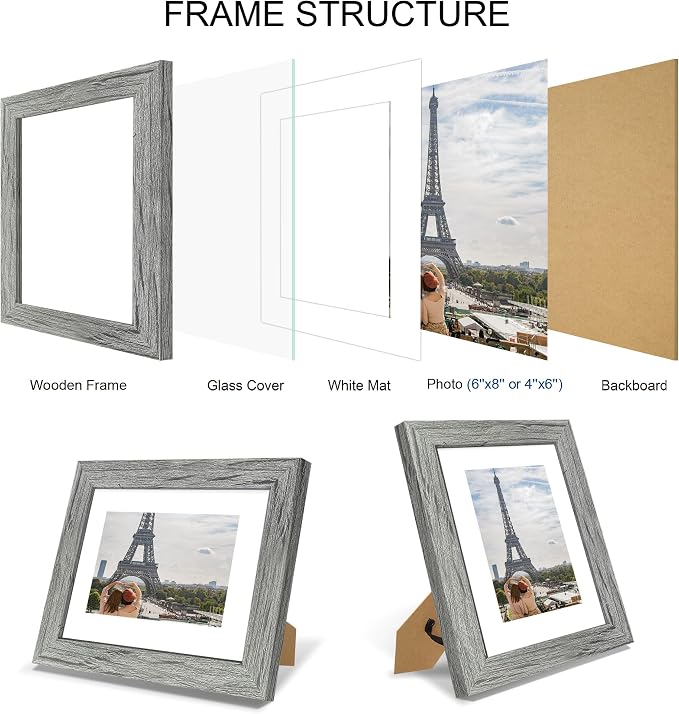 Hongkee 6x8 Picture Frame Set of 4, Made of Real Glass and Grey Frame - Display Picture 4x6 with Mat or 6x8 Without Mat, 6 by 8 Photo for Wall or Tabletop