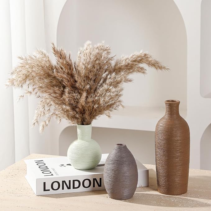 Ceramic Vases Set of 3 Modern Rustic Farmhouse Home Decor | Pottery Decorative Flower Vases for Pampas Grass Dried Fresh Flowers, Living Room, Table Centerpiece, Shelf, Mantel
