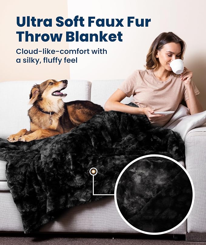 Everlasting Comfort Soft & Comfortable Black Faux Fur Throw Blanket for Couch - (50"x65") Minky & Fluffy Fall Blankets & Throws, Plush Fuzzy Cover for Bed, Sofa & Living Room - Cozy Home Decor