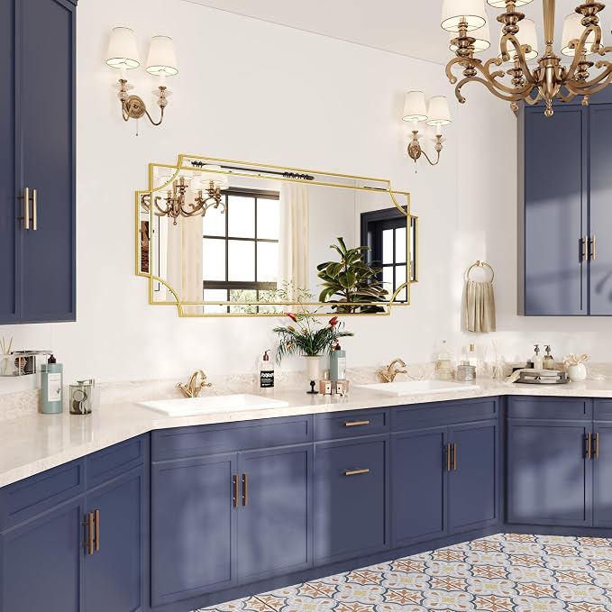Kelly Miller 26"x52" Gold Foil Scalloped Edge Decorative Vanity Wall Mirror | Hand-Applied Gold Foil Finish. HD Mirror With French Cleat. Elegant Beveled Wall Mirror Decor For Bathroom Bedroom Entryway.