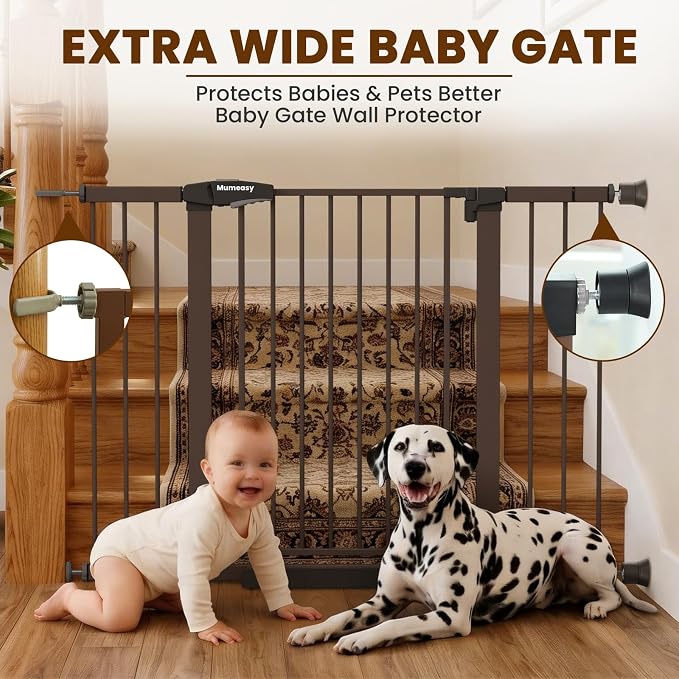 Mumeasy 29.7-48" Baby Gate for Stairs, Pressure Mounted Dog Gate for Doorways, Extra Wide Walk Thru Safety Pet Gate for Doors with Auto Close, Easy Install Child Gate for Hallway Indoor House, Brown