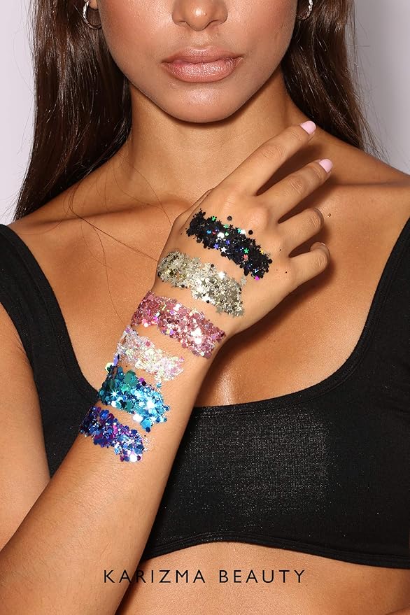 KARIZMA Kiss My Bass! 6X 10g Chunky Face Glitter, Hair, Eye and Body for Women and Men. Rave, Festival Accessories and Cosmetic Makeup. Loose Pots