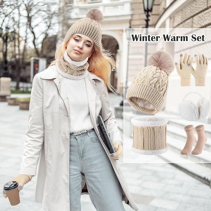 SATINIOR 5 Pcs Winter Hat Scarf Gloves Set Fleece Warm Lined Knit Beanie Hat Touch Screen Earmuff Gloves Warmer for Women(Beige,Vivid Style)
