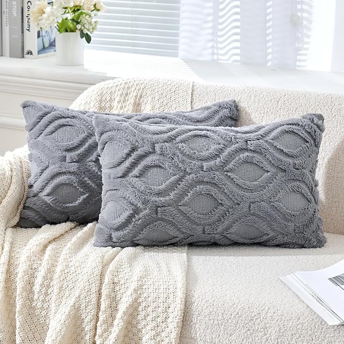 MIULEE Grey Blue Soft Plush Faux Wool Lumbar Throw Pillow Covers 12x20 | Set of 2, Farmhouse Boho Home Decor, Decorative Cushion Covers for Sofa, Living Room, Bed