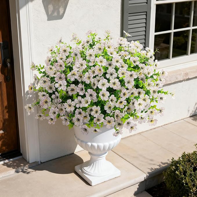 24 Pcs Artificial Flowers for Outdoors Decorations, White | Lifelike silk flowers, UV resistant, faux plastic plants, for garden porch window table vase home indoor outdoor decor