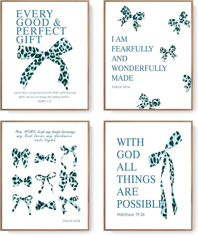 LARTSFRO Coquette Blue Leopard Bow Wall Art Decor Posters, Y2K Cheetah Leopard Bow Room Bedroom Bathroom Dorm Wall Art Decor Aesthetic for College Teen Girls Gifts, Inspirational Bible Verses Bow Wall Decor, 10x8 Inch Set of 4 Pcs Bow Pictures (UNFRAMED)