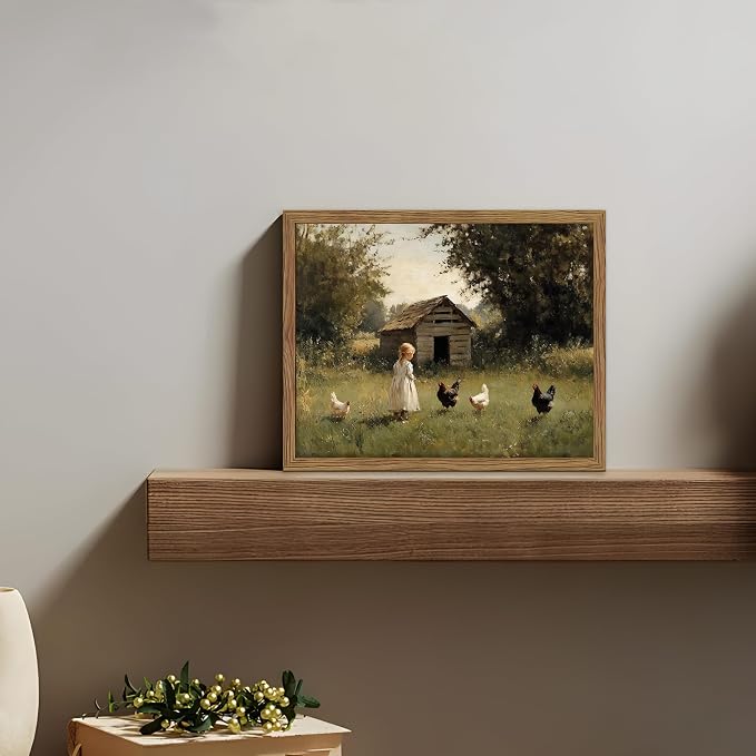 Vintage Country Framed Wall Art, Little Girl and Chick Canvas Prints, Rustic Landscape Picture Painting, Pastoral Farmhouse Wall Decor for Living Room Bedroom – Dark Wooden Frame 8x10in