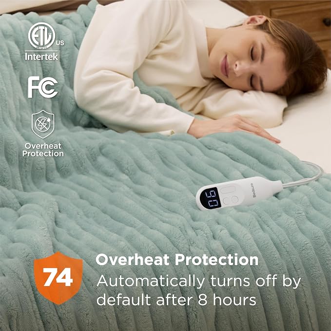 Bedsure Heated Blanket Full Size - Thick Striped Fast Heating Electric Blanket with Preheat Function, 6 Heat & 6 Timer (Up to 10H), 8H Auto Off, ETL Certified, Gift for Grandma (72"x84", Green)