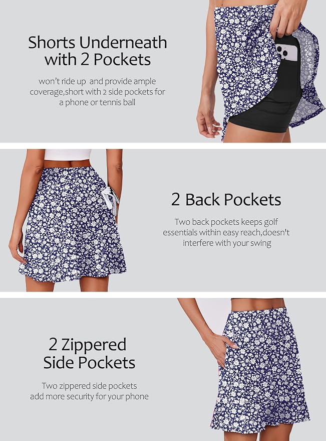 PINSPARK 18" Golf Skorts for Women with 6 Pockets Ruffle Athletic Skort | Above the Knee,High Waist,UPF 50+,4-way Stretch,Lightweight,Ruffle Hem,Tennis,Casual,Work,Pickleball