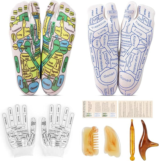 Reflexology Socks Set with Gloves Tools, 2 Pairs Chiro Acupressure Acupuncture Trigger Point 4pcs Massage Tool Gua Sha Foot Hands Pain Relief Acupoint Birthday Gifts for Men E