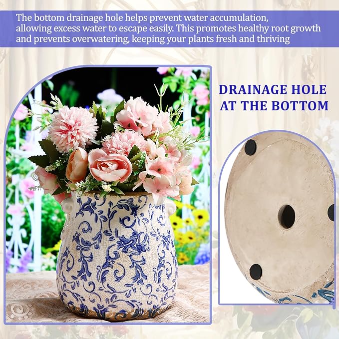 Ceramic Scroll Planter 6.5 Inch Chinoiserie Floral Vase with Drainage Holes Vintage Flower Vase Flower Pot Rustic Ceramic Pots for Indoor Plants Garden Home Bookshelf Decor(Blue Floral)