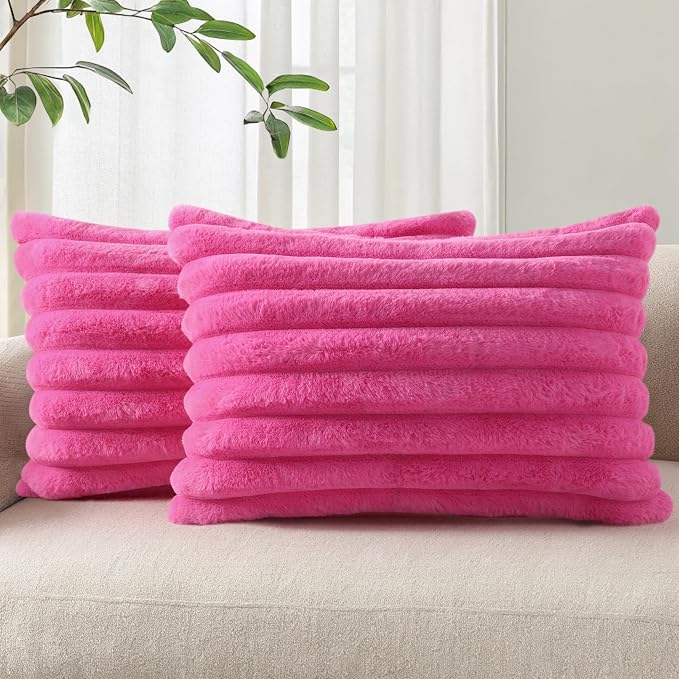 Pallene Faux Fur Decorative Throw Pillow Covers 12x20 Set of 2, Hot Pink | Luxury Plush Texture, Striped Design, Cozy Soft Touch, Modern Home Accent Decor for Couch, Sofa, Bed, Living Room