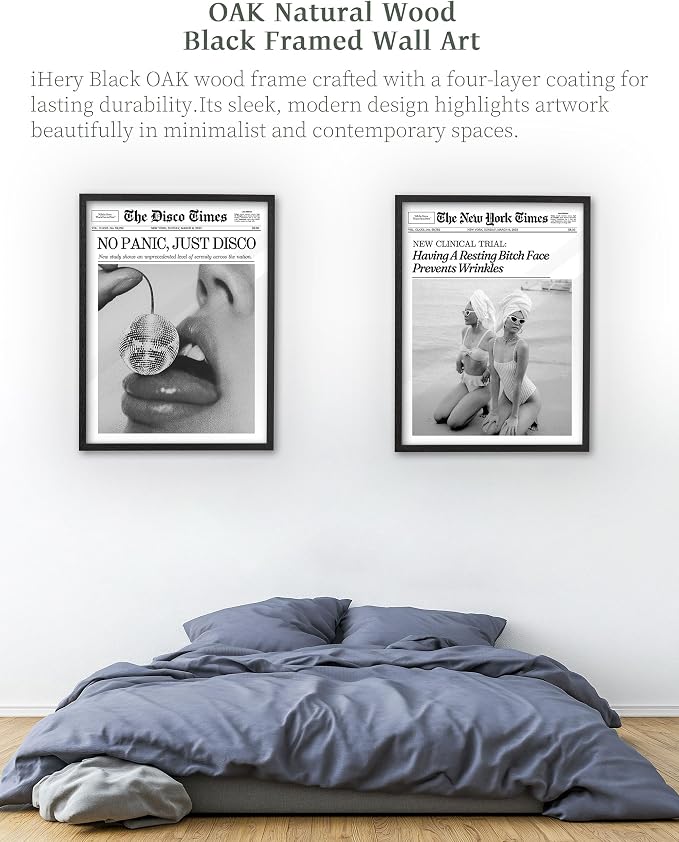 iHery 12x16in No Panic Just Disco Black Framed Newspaper Wall Art | Premium Black Natural OAK Wood Frame with Canvas Print, Retro Disco Ball Decor for Bedroom, Girl Dorm, Living Room 1Pack